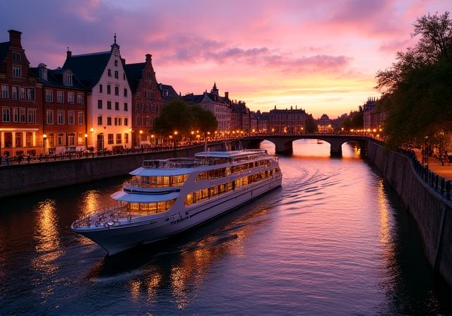 Luxury river cruise ship at sunset
