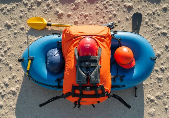 Kayaking gear laid out on a riverbank