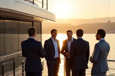 Executive group networking on the deck of a premium river cruiser