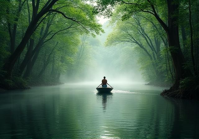 Lush hidden river landscape in Southeast Asian jungle
