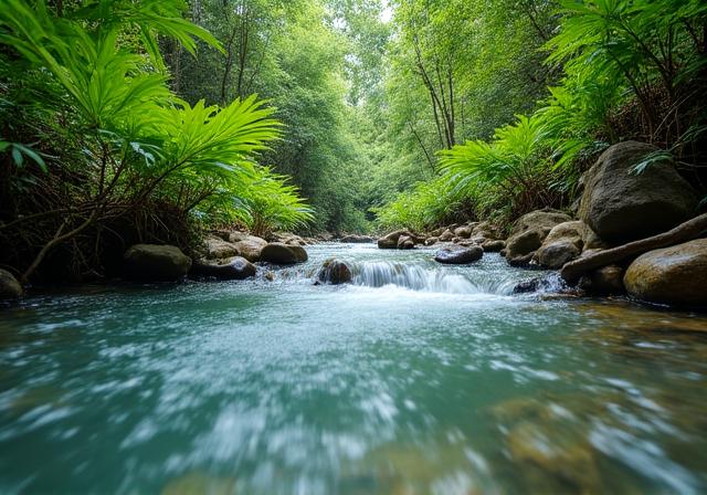Close up of clear river water with stones and green foliage