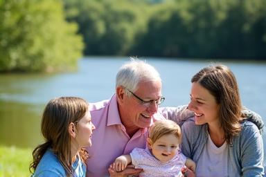 Large multi-generational family smiling by a river bank