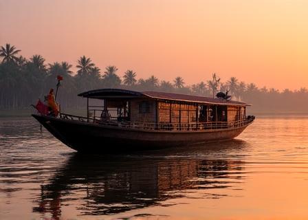 Traditional wooden boat on the Mekong Delta at sunset