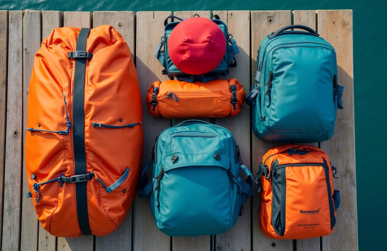 Adventure gear laid out on a wooden deck near a river