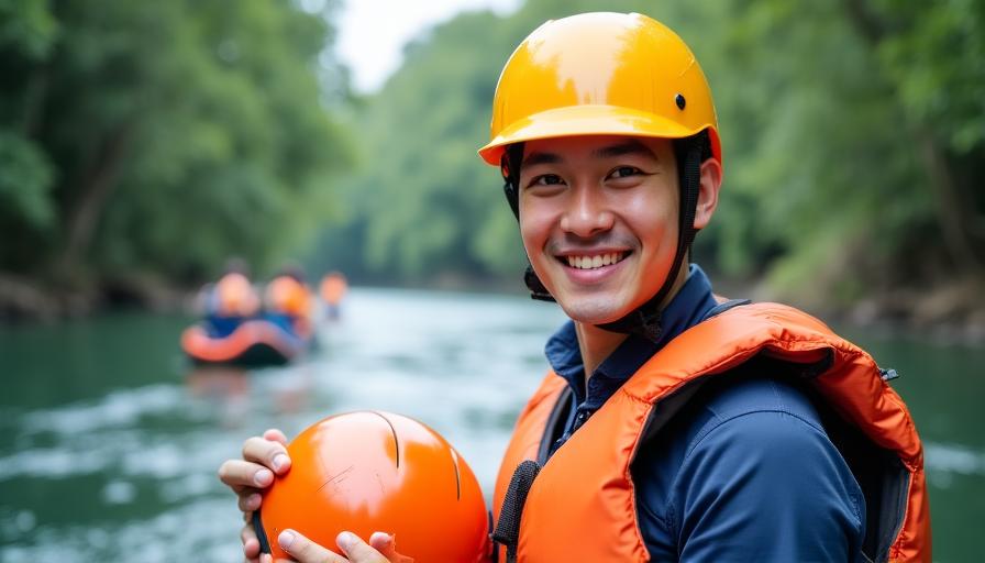 Riverbend Adventures guide showing a high-quality life jacket and helmet