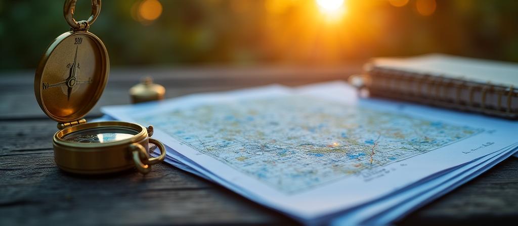 Legal documents and a compass on a wooden table